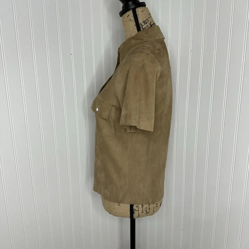 Michael Kors Brown Suede Top Sz S? Pearl‎ Snap Short Sleeve Italy Quiet Luxury